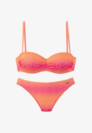 Two-piece swimsuit in orange and pink gradient with geometric patterns, featuring a bandeau top with thin straps and matching bikini bottoms.