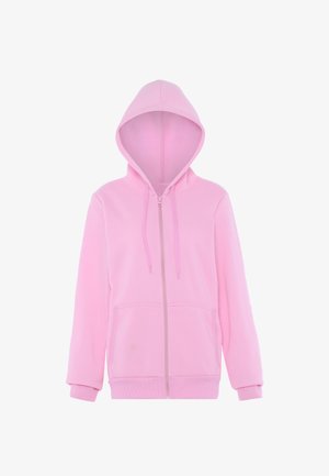Felpa rosa chiaro con zip realizzata in tessuto morbido, dotata di cappuccio regolabile con cordino, tasche frontali e polsini a costine. Texture liscia con accenti minimi.