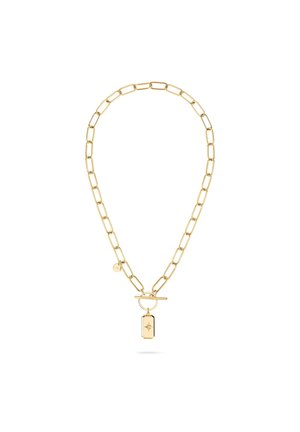 Gouden ketting met verlengde schakels, voorzien van een toggleslot en een rechthoekige hanger met een sterontwerp.