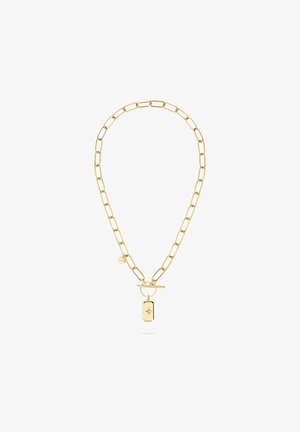 Goldkettchen mit länglichen Gliedern, ausgestattet mit einem Toggle-Verschluss und einem rechteckigen Anhänger, der ein Sternmuster zeigt.