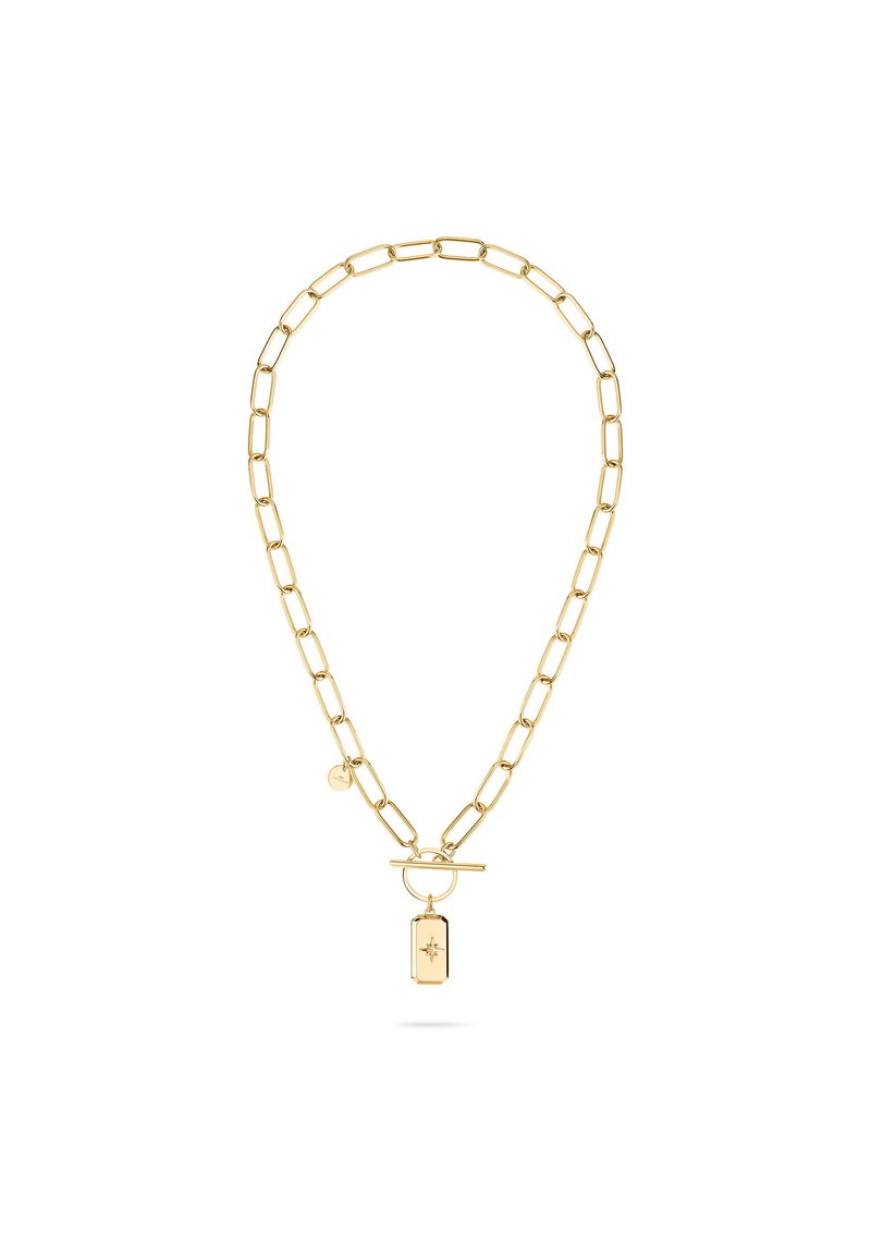 Gouden ketting met verlengde schakels, voorzien van een toggleslot en een rechthoekige hanger met een sterontwerp.