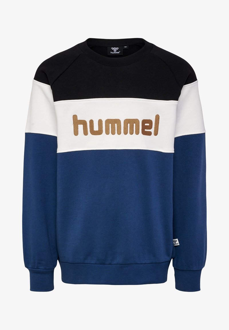 Blaues und schwarzes Sweatshirt mit einem weißen horizontalen Panel. Mit "hummel"-Logo in brauner Stickerei. Gerippte Bündchen und Saum. Material aus Baumwollmischung.
