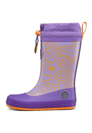 Purple and orange children’s rain boot with abstract patterns, drawstring top, and orange sole, side view with brand logo on heel.