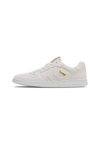 White sneakers made of smooth leather with a low-top design, featuring a gold logo accent and tonal stitching, flat rubber sole.