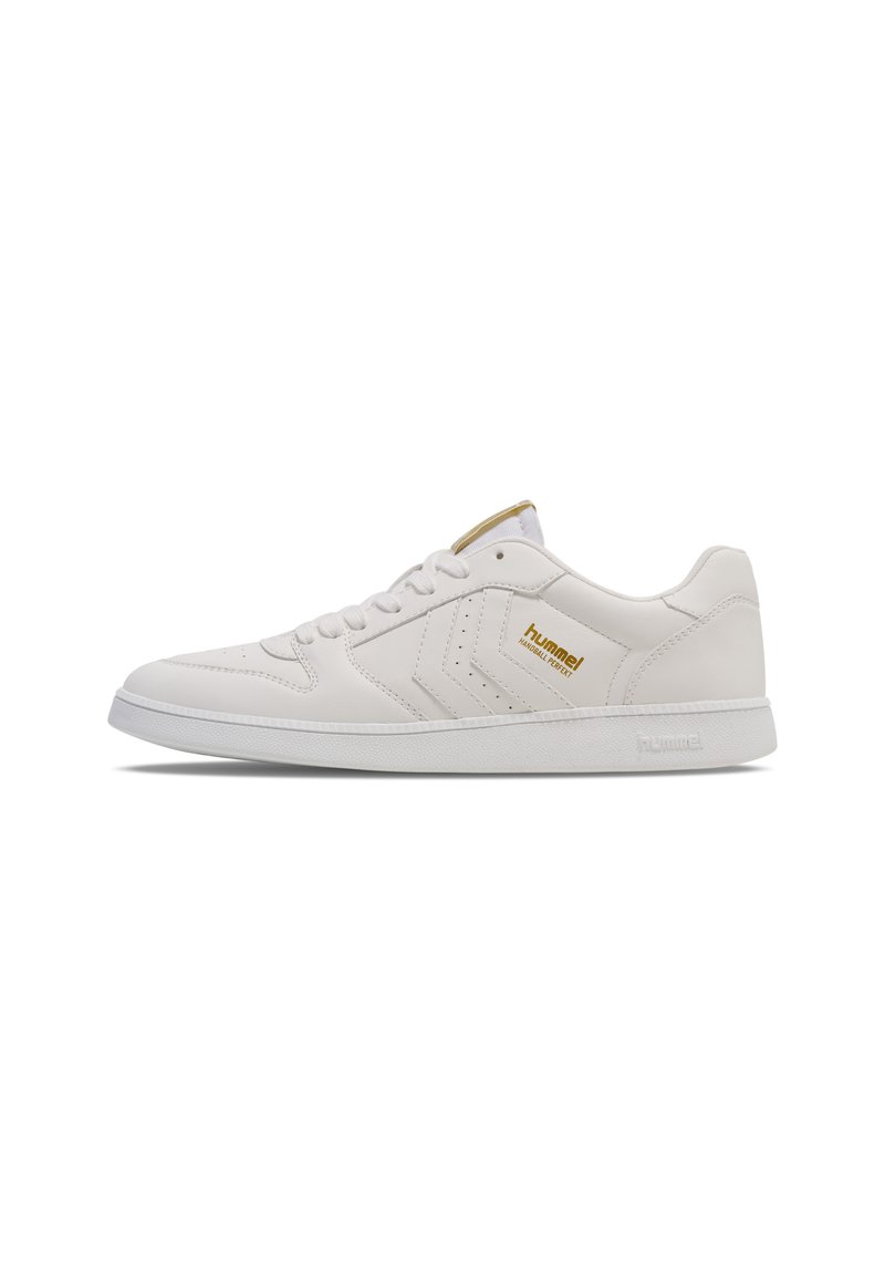 White sneakers made of smooth leather with a low-top design, featuring a gold logo accent and tonal stitching, flat rubber sole.