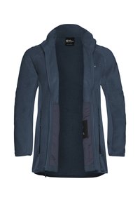 Giacca in pile blu navy con zip completa, colletto alto e morbida fodera interna. Include tasche laterali e un esterno liscio e testurizzato.