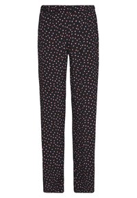 Pantalon noir avec une taille élastique, présentant un motif de petites fleurs roses et violettes sur un fond noir. Coupe droite.