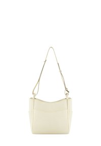Ramena taška z krémové kůže s hladkou texturou, zakřiveným horním okrajem, nastavitelným popruhem a dvěma bočními kapsami pro další úložný prostor.