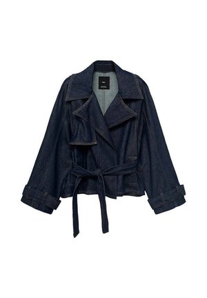 Dark blue denim jacket with wide lapels, belted waist, and cuff straps, displayed against a white background.