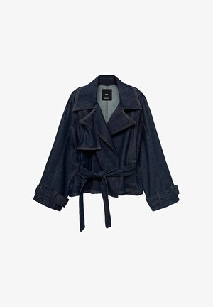 Dark blue denim jacket with wide lapels, belted waist, and cuff straps, displayed against a white background.