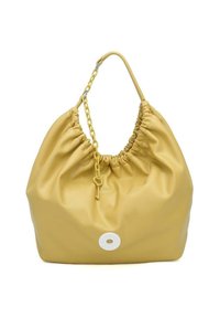 Borsa in pelle gialla con texture arricciata, manico a catena e un accento circolare bianco. Design morbido e spazioso con una silhouette floscia.