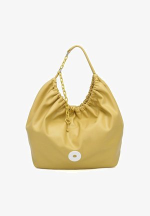 Borsa in pelle gialla con texture arricciata, manico a catena e un accento circolare bianco. Design morbido e spazioso con una silhouette floscia.