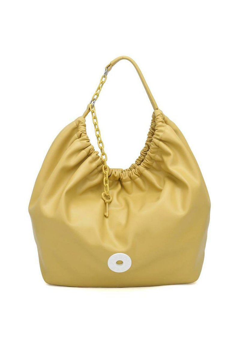 Borsa in pelle gialla con texture arricciata, manico a catena e un accento circolare bianco. Design morbido e spazioso con una silhouette floscia.