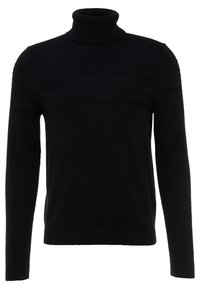 Pull à col roulé noir en tissu tricoté doux. Doté d'un motif de côtes verticales sur la partie supérieure de la poitrine et de poignets et ourlet ajustés.