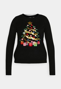 Pull noir avec un motif décoratif de sapin de Noël orné d'ornements colorés, d'une étoile dorée et de cadeaux emballés à la base.