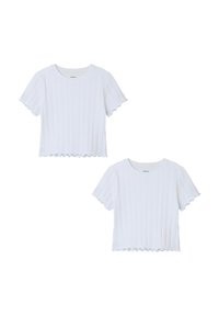 White ribbed short-sleeve top with scalloped hem and cuffs, made from a lightweight fabric, featuring an ordinary round neckline.