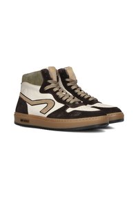 High-top sneakers featuring a combination of cream leather and dark brown suede, with a textured green suede collar and tan rubber sole.