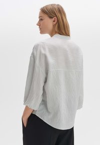Light gray, textured blouse with 3/4 sleeves, featuring subtle vertical stripes, rounded hem, and a casual fit, paired with black pants.