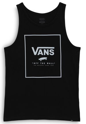 Sort tanktop i bomuld med rund halsudskæring. Har et hvidt Vans-logo og skateboardgrafik inden for en firkantet ramme.