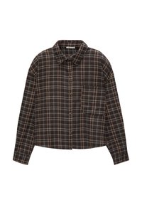 Camisa de cuadros en tonos marrón y negro, con cuello, mangas largas y un bolsillo en el pecho. Fabricada en un tejido suave y con un corte crop.
