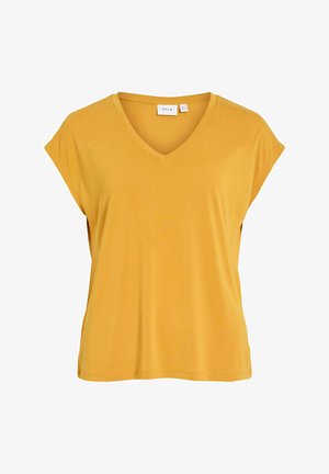 Blusa gialla a maniche corte con scollo a V, vestibilità ampia e piccolo logo del brand sul collo.