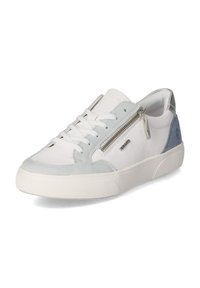 Weiße und hellgraue Sneaker aus einer Kombination von glattem Leder und Wildleder, mit einem seitlichen Reißverschlussdetail und einer strukturierten Gummisohle.