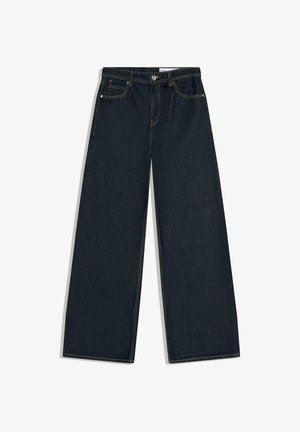 Dark blue wide-leg denim jeans with front pockets, belt loops, and button closure, laid flat on a white background.