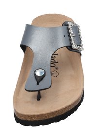 Gray faux leather slide sandal with a adjustable strap, decorative rhinestone buckle, and a cork footbed; flat black rubber outsole.