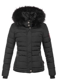 Chaqueta puffer negra con capucha de piel sintética desmontable. Cuenta con secciones acolchadas horizontales, dos bolsillos con cierre y cierres de botones a presión.