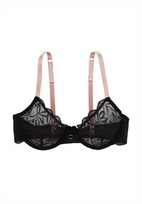 Soutien-gorge en dentelle noire avec un motif floral transparent, des bretelles en satin rose contrastant, des bords festonnés et un détail en métal doré au centre devant.