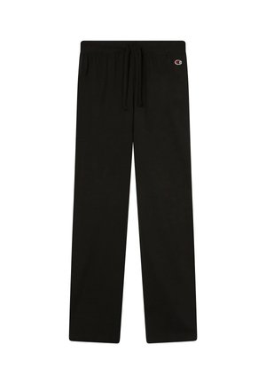 Black drawstring pants made of soft fabric, featuring a relaxed fit and a small logo accent on the left hip. Smooth texture, no patterns.