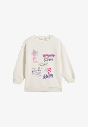 Witte kinderhoodie met kleurrijke graffiti-achtige tekst, bloemen en zinnen zoals "4EALS FREZ JOUW KIEZE" en "REBEL."