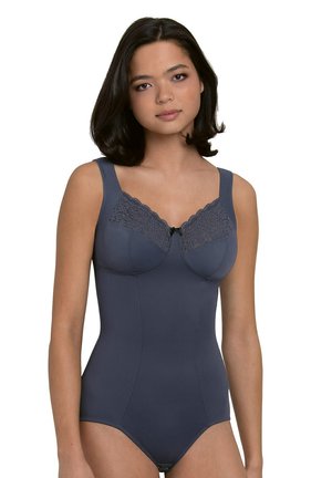 Dark gray bodysuit with lace accents on the neckline, wide straps, and soft textured fabric. Features a fitted design and underwire support.