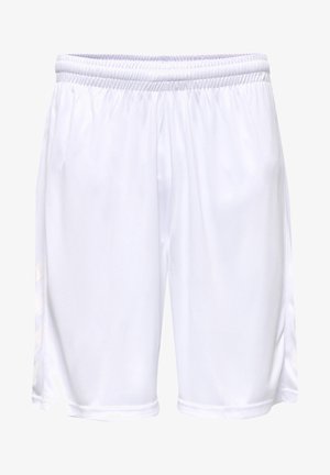 Weiße Sportshorts aus leichtem, atmungsaktivem Material. Mit elastischem Bund und kontrastierenden Streifen an den Seiten.