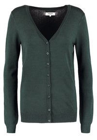 Mörkgrön kardiagan i mjukt stickat tyg, med V-halsringning, långa ärmar och en rad knappar nedtill fram.