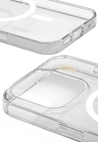 Clear phone case featuring a rounded design, precise cutouts for buttons and camera, and embossed text in gold. Smooth, glossy finish.