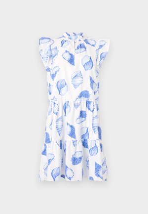 Abito bianco con pattern a foglie blu, scollo arricciato e maniche corte. Presenta una gonna a strati e una vestibilità comoda.