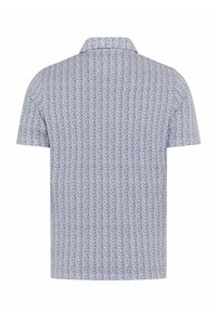 Korte mouw overhemd met kraag en een herhalend blauw-wit cirkelpatroon, gezien van achteren op een witte achtergrond.