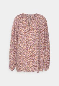 Blouse multicolore à base beige, avec un imprimé de points orange, rose et violet. Manches longues, col rond et fermeture à lien au dos.