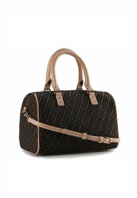 Borsa nera con motivo a fantasia, dettagli e manici in pelle sintetica beige. Presenta due manici corti e una tracolla regolabile.