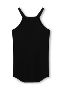Zwarte tanktop met een aansluitend ontwerp, voorzien van spaghettibandjes en een soepele, geribbelde textuur. De zoom is licht gebogen aan de onderkant.