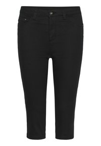 Black cropped jeans made of cotton blend fabric. Features a button closure, belt loops, and five-pocket design with a smooth texture.