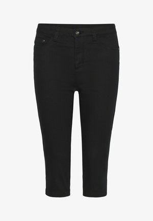 Black cropped jeans made of cotton blend fabric. Features a button closure, belt loops, and five-pocket design with a smooth texture.
