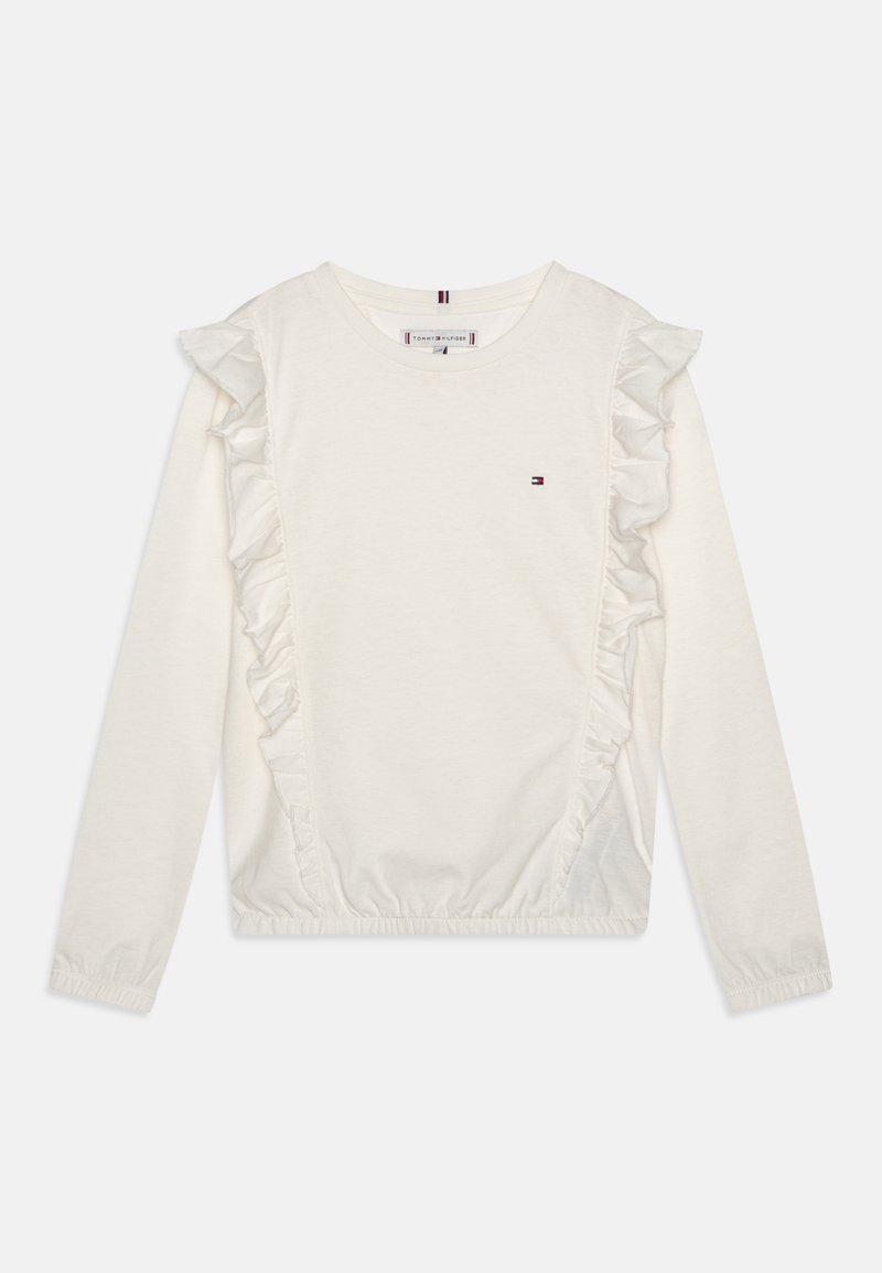 Bílý dlouhý rukáv mikina s řasenými detaily po stranách, elastickým lemem a malým logem na hrudi. Měkká bavlněná tkanina.