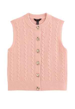 Bezrękawnik dzianinowy w jasnoróżowym kolorze, z wzorem warkocza i pięcioma złotymi guzikami w kształcie liści z przodu. Teksturowany prążkowany dół.