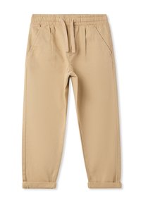 Pantaloni jogger beige realizzati in tessuto morbido con una cintura elastica, due tasche laterali e orli arrotolati per un fit rilassato.