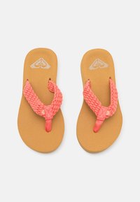 Flip-flops with braided coral straps and a tan foam footbed. Features a branded emblem on the footbed and soft texture. No visible hardware.