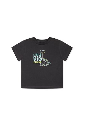 T-shirt in cotone nero con una grafica colorata di un dinosauro e il testo "little big friend" in caratteri giocosi. Maniche corte e colletto rotondo.