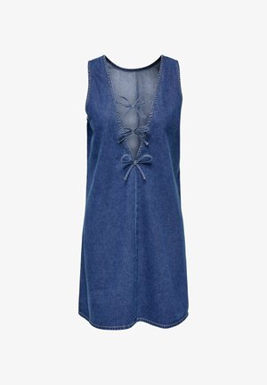 Modré rifľové šaty bez rukávov s hlbokým výstrihom do V a tromi dekoratívnymi mašľami na prednej strane.