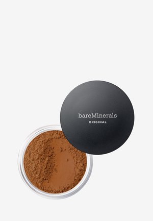 Fond de teint en poudre Original de BareMinerals dans un contenant transparent avec un couvercle noir, contenant de la poudre brune visible à l'intérieur.